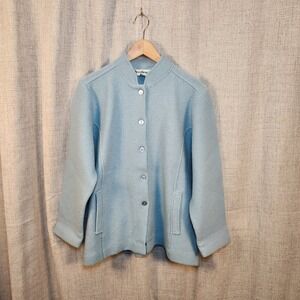 VTG Norm Thompson Petite Button Up Jacket Womens PM Light Blue 100% Wool Pockets